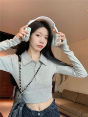 法式气质POLO领长袖短款T恤女秋新款修身显瘦辣妹内搭打底衫上衣
