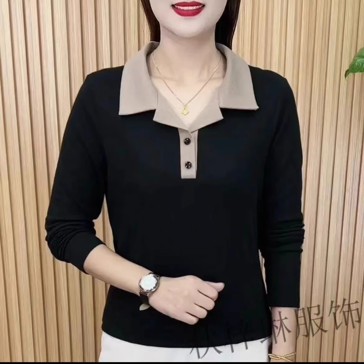 Women's long-sleeved T-shirt, new style for spring and autumn, fashionable polo shirt, mom's top, slimming, suitable for wearing alone or as a base layer.