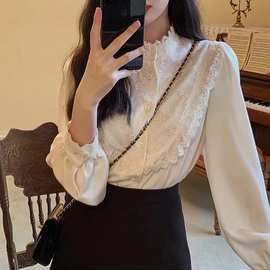 外贸款 蕾丝白色衬衫女上衣2026春秋法式复古洋气泡泡袖打底衬衣