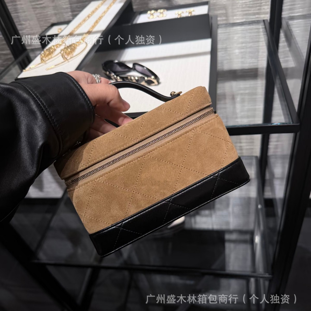 原厂皮小香26slp饭盒包麂皮拼接菱格手提包单肩斜挎包化妆盒子包