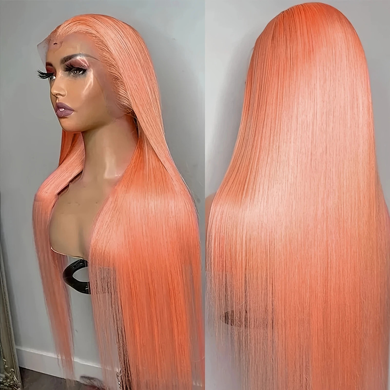 Factory Direct Light Orange Long Straight Hair 13 * 4 Front Lace Chemical Fiber High Temperature Silk Wig Headgear