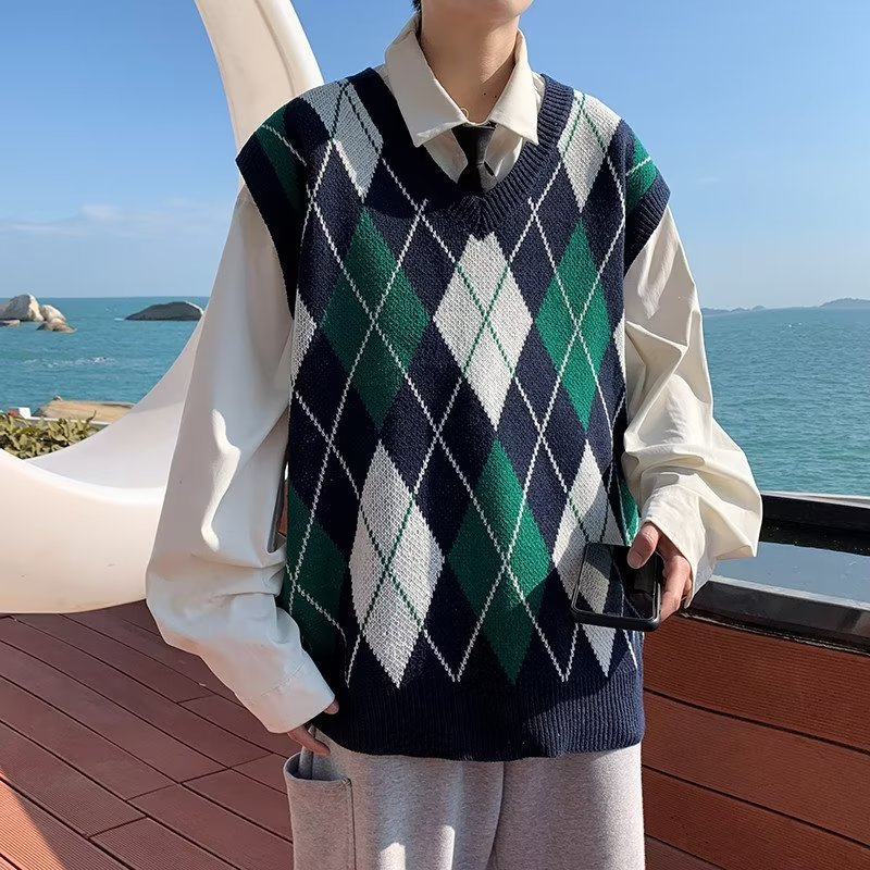 2023春秋款菱形格坎肩针织背心男女宽松套头复古外穿无袖毛衣马甲