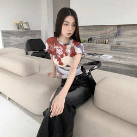 酷欧美式千禧甜辣妹透视上衣女夏设计感小众草莓蛋糕印花短袖T恤