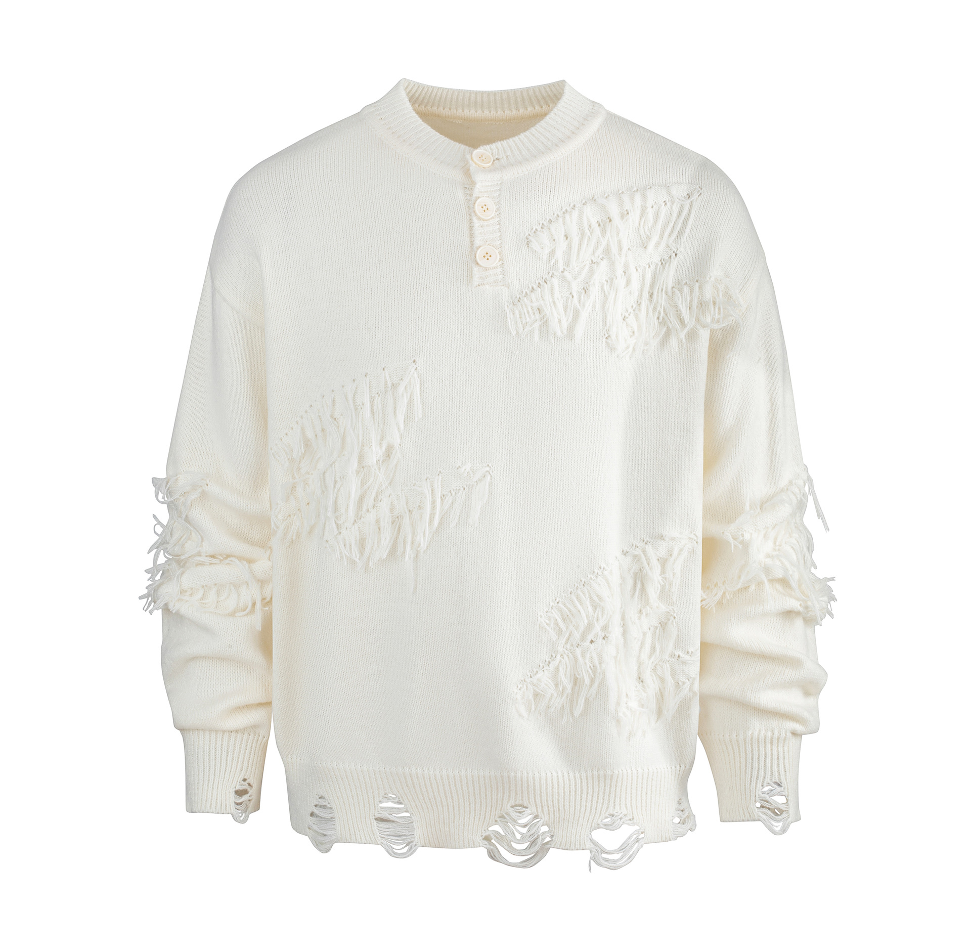 Men's Distressed Knit Sweater Oversized Retro Pullover Shirt Collar_voghion.com