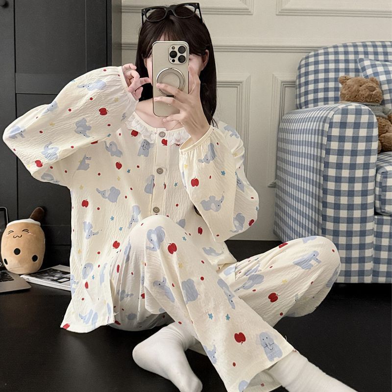 Pijamas al por mayor transfronterizos de primavera y otoño de manga larga nubes de algodón cuello redondo cordigan dulce se puede usar con ropa de casa