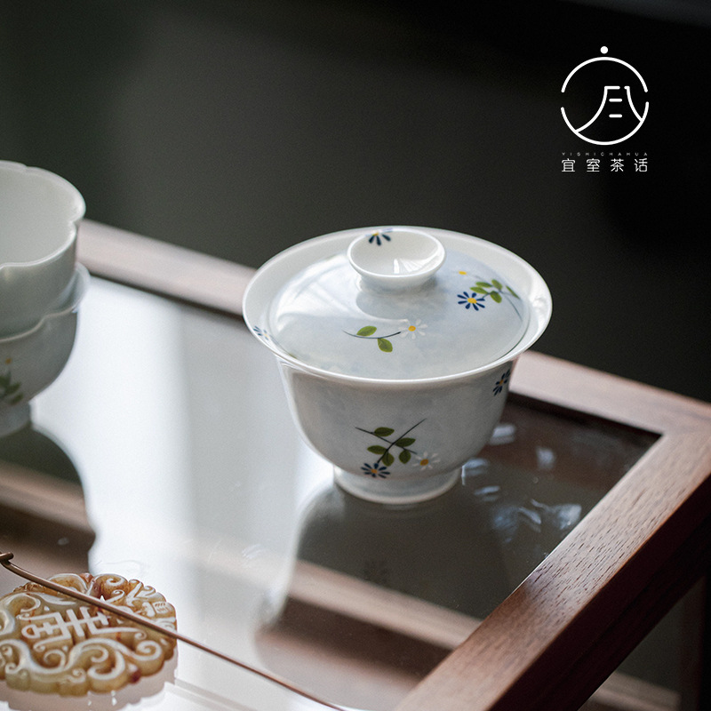 宜室茶话 手绘小雏菊日式高足盖碗 功夫茶具陶瓷主泡茶碗仿烫盖碗