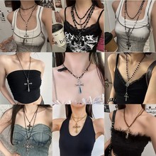 暗黑哥特风多层叠戴珍珠串珠十字架项链女欧美跨境重工锁骨链饰品