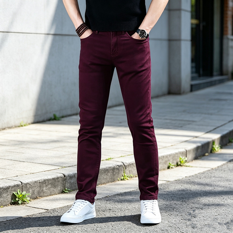 Cross-border European men's jeans, simple and stylish, versatile, slim-fit, burgundy stretch straight-leg jeans wholesale Cross-border European men's jeans, simple and stylish, versatile, slim-fit, burgundy stretch straight-leg jeans wholesale
