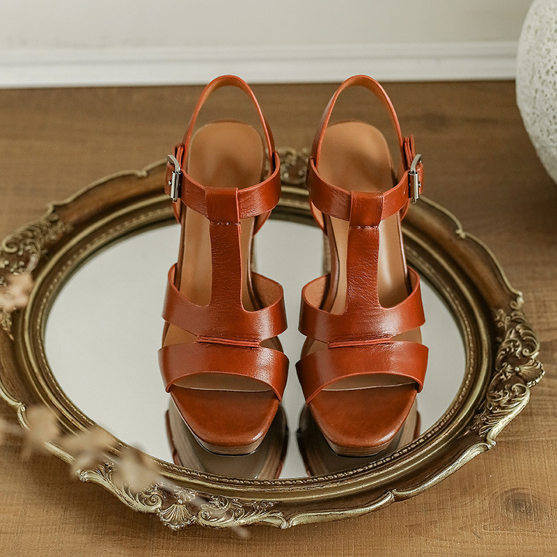 Sandal cao gót hở mũi retro 10 cm quai chữ T gót vuông da bò — Màu nâu chi tiết 18