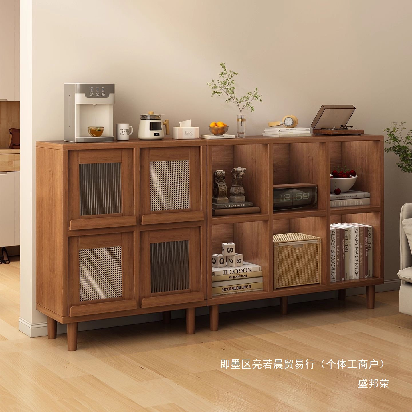 Factory Direct Sales Solid Wood Sideboard Living Room Tea Cabinet Storage Cabinet Walnut Color Plaid Cabinet Sofa Side Cabinet