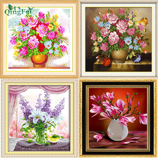 Qingfei 3D Precision Printing Cloth Pink Rose Cross Stitch Violet Magnolia Phantom of the Opera Oil Painting Vase Living Room