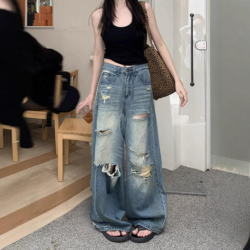 Vintage Ripped Wide-Leg Jeans for Women, Spring/Summer American High Street Style, Straight-Leg Pants with a Unique Design, High-Waisted Floor-Length Pants