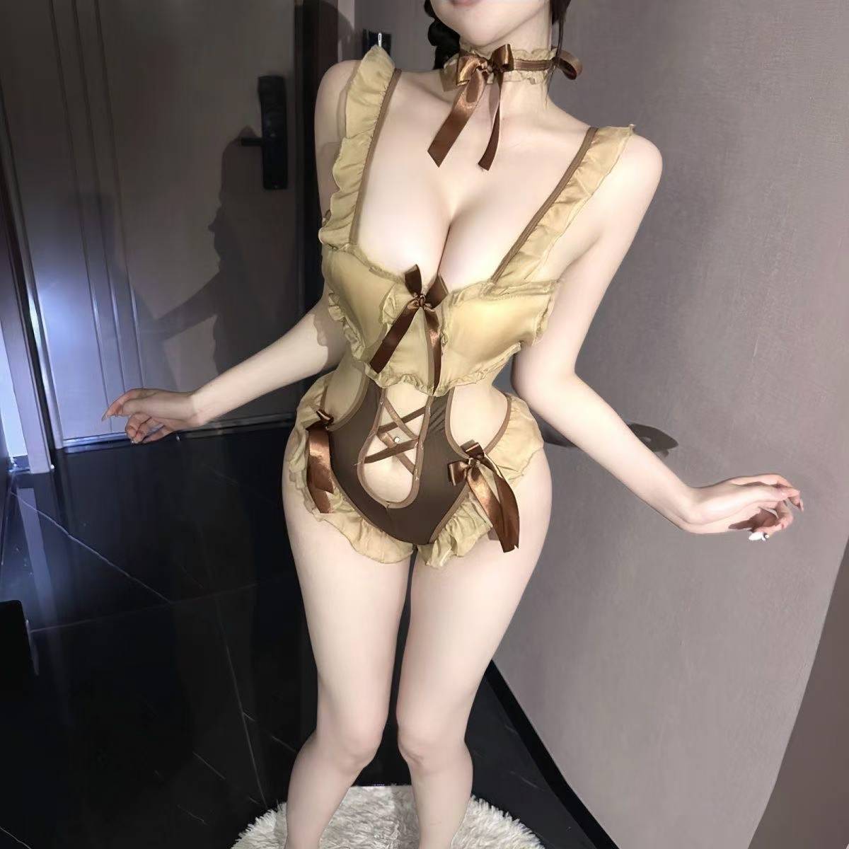 Lace One-Piece Maid Costume with Stockings and Ear Accessory, Polyester Role-Play Set — detail image 4