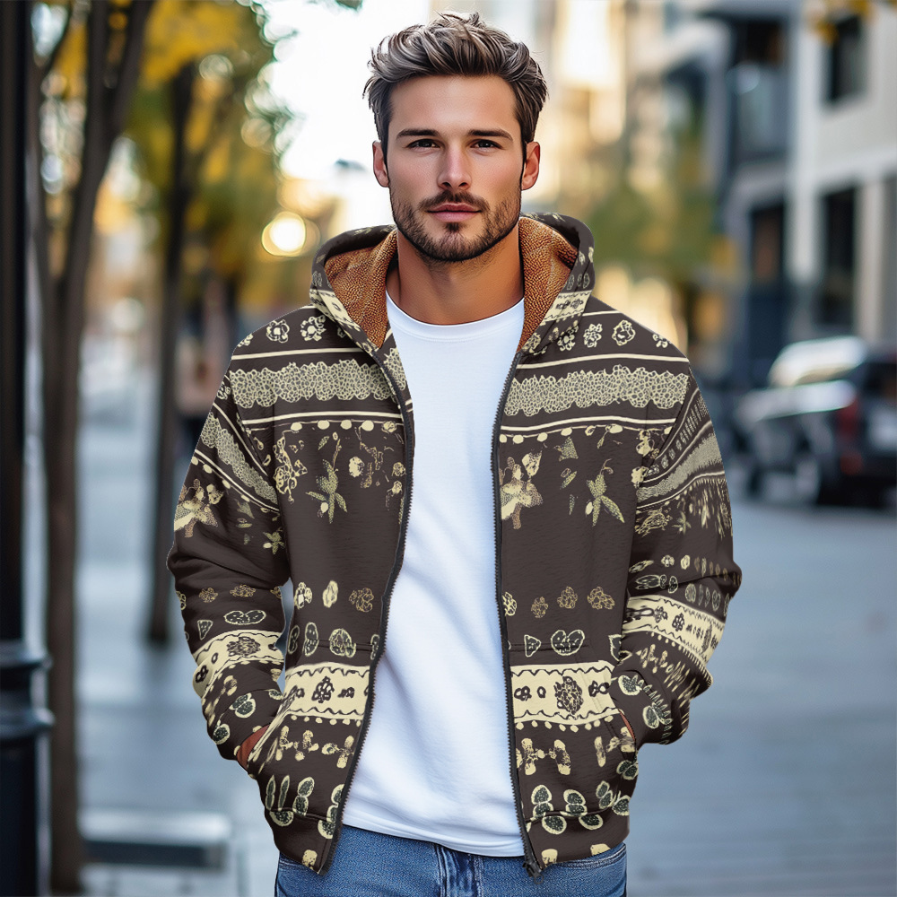 Giacca in cotone spesso con cappuccio e cerniera da uomo, stile europeo stampato, autunno/inverno 2024_voghion.com