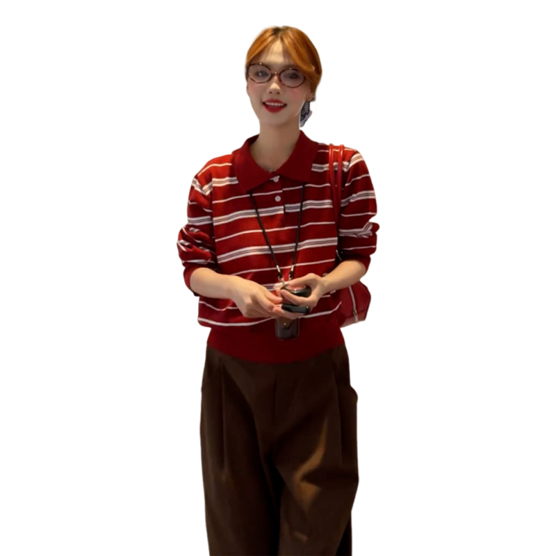 红色条纹针织长袖t恤女秋冬2025新款韩系氛围感穿搭巨好看polo衫|undefined