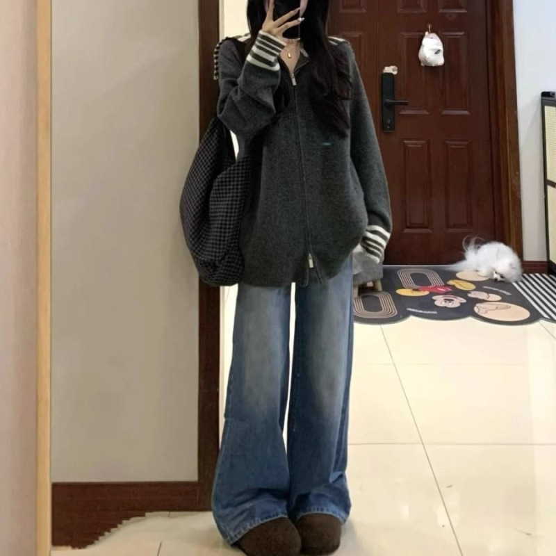 秋冬季韩系学院风海军领灰色针织开衫女慵懒风条纹毛衣外套上衣潮|undefined
