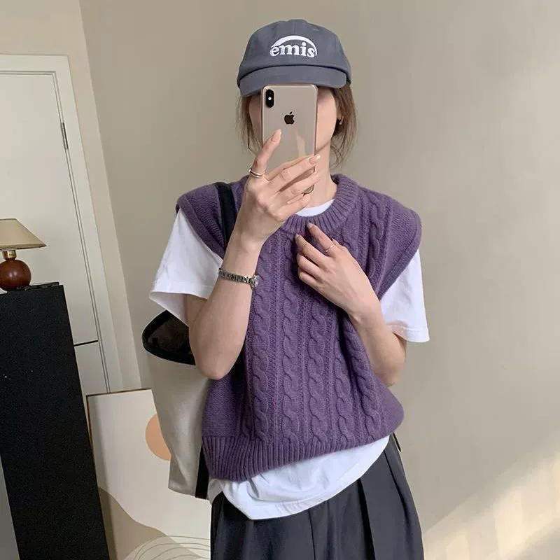 Женский однотонный топ без рукавов с круглым вырезом в корейском стиле, новинка 2025 года, универсальный пуловер-жилет