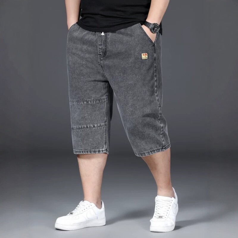 Summer Elastic Men's Plus-Size Denim Shorts, Loose Straight Fit, Elastic Waist, Extra Large for Big and Tall Individuals, New Style Summer Elastic Men's Plus-Size Denim Shorts, Loose Straight Fit, Elastic Waist, Extra Large for Big and Tall Individuals, New Style
