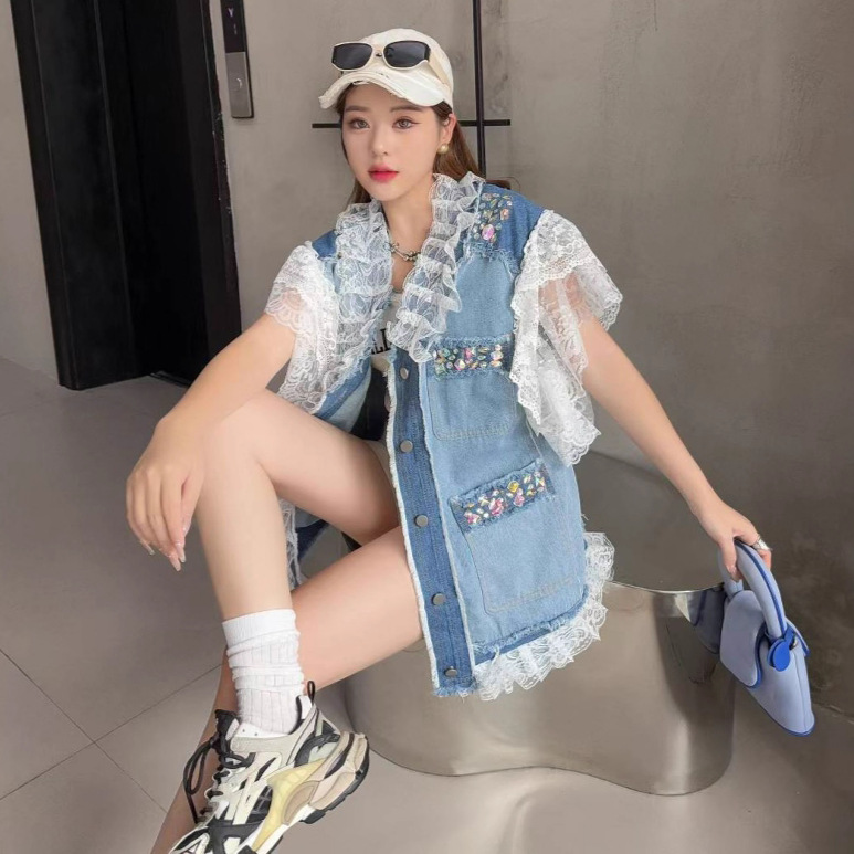 Diseño pesado diamante de cuello V chaleco denim de verano nuevo encaje suelto chaqueta sin mangas de lótus