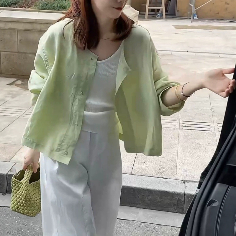 Korean-Style Green Linen Sun-Protective Long-Sleeve Shirt Jacket for Women, Summer 2026, Very Stylish and Lightweight Outerwear
