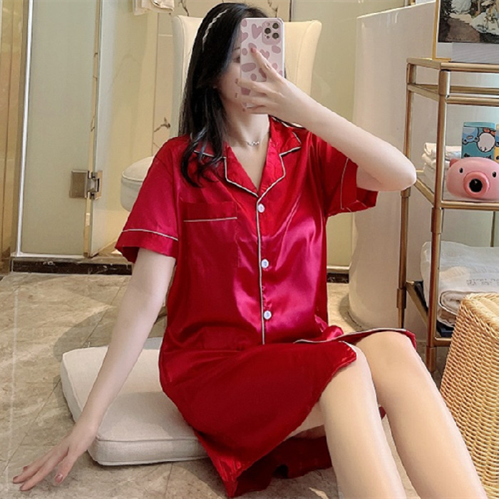 Pijama de dama pijama de seda primavera y verano hielo delgado cardigan de seda simulada sexy vestido de mangas cortas