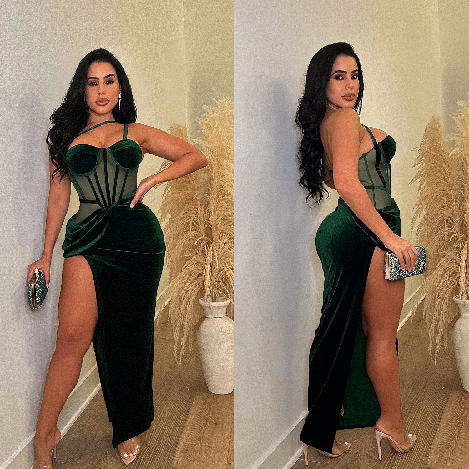 C6732 transfronteriza AliExpress Amazon Europa y América de las mujeres de moda de color sólido correa de malla vestido de la División