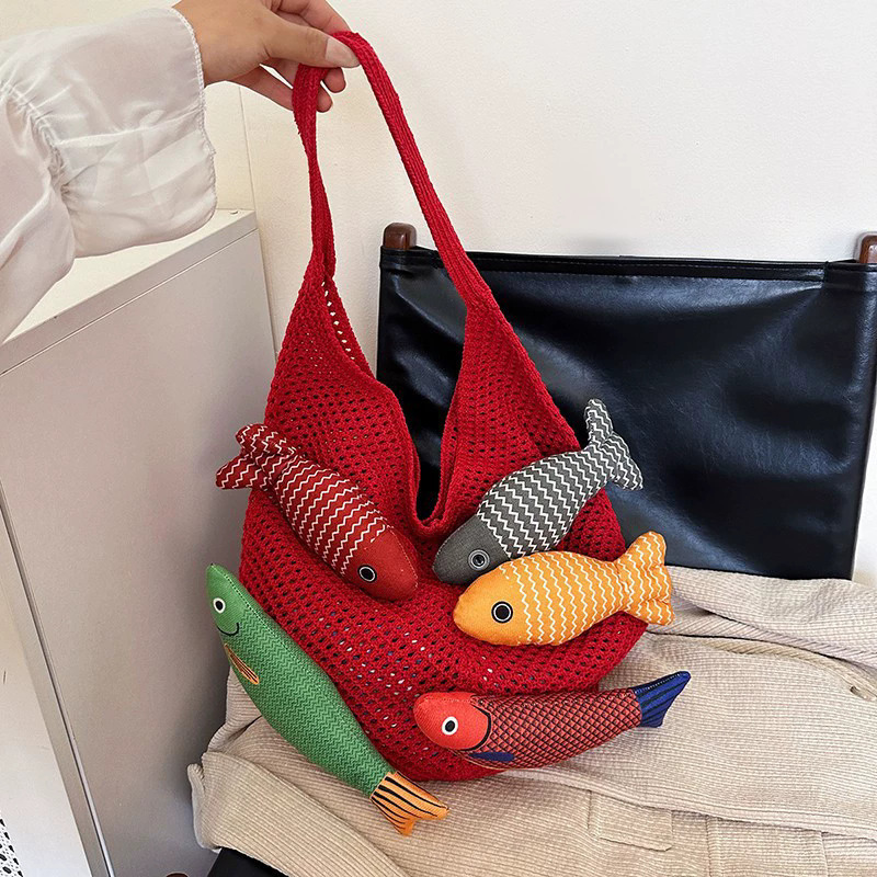Pollock and Yanji fish bag, unique knitted shoulder bag, new dopamine color-blocking tote bag, handbag