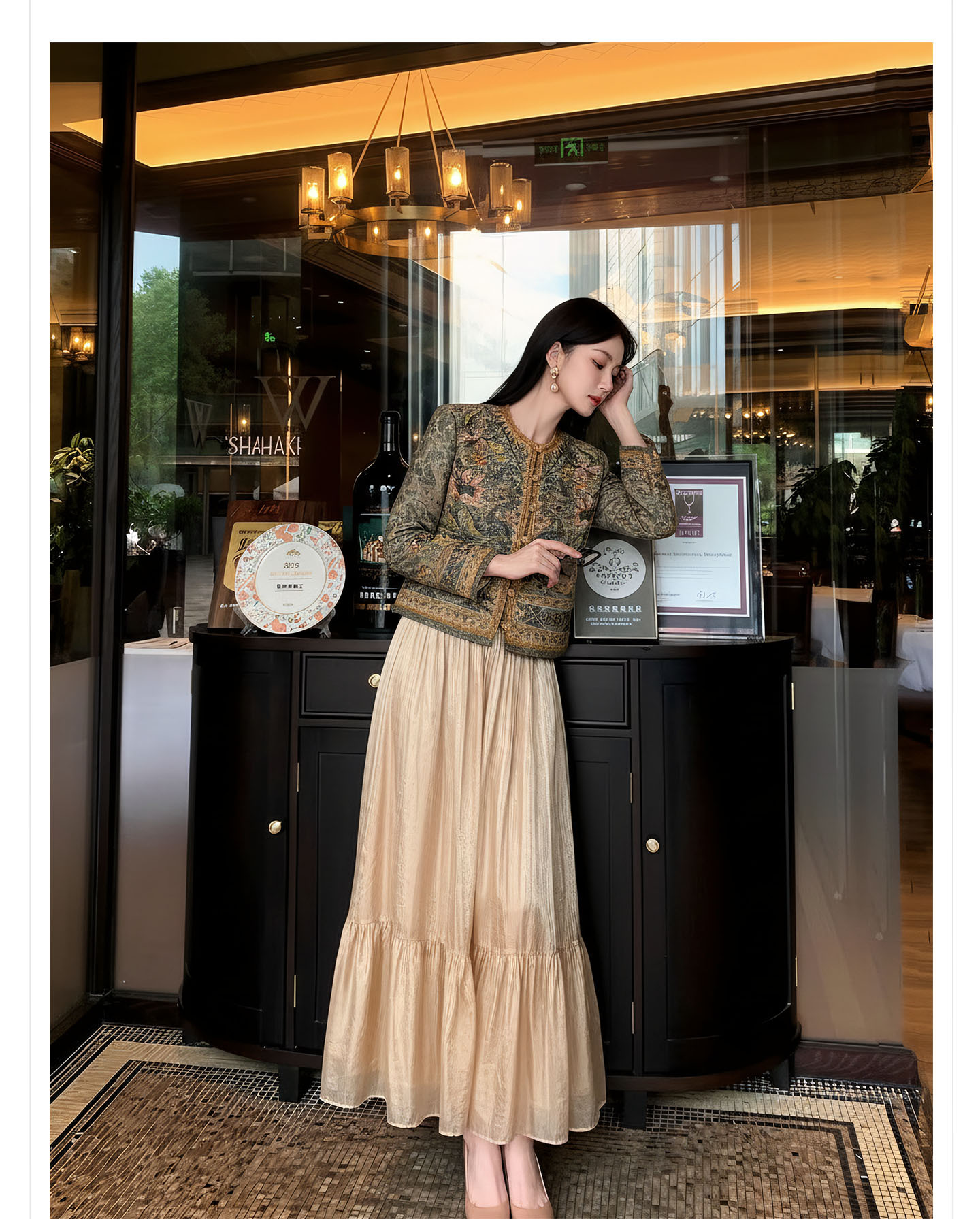 Bộ váy áo khoác + đầm maxi thắt eo phong cách Tân Trung Hoa, họa tiết jacquard nổi bật — nửa váy, Trang chủ, áo khoác chi tiết 6