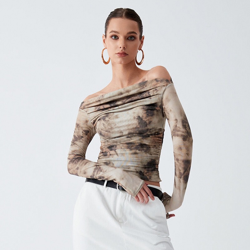 2026 Spring New European and American Style 3D Printed Cropped Slim-Fit T-Shirt Retro Sexy One-Shoulder Pleated Top for Women