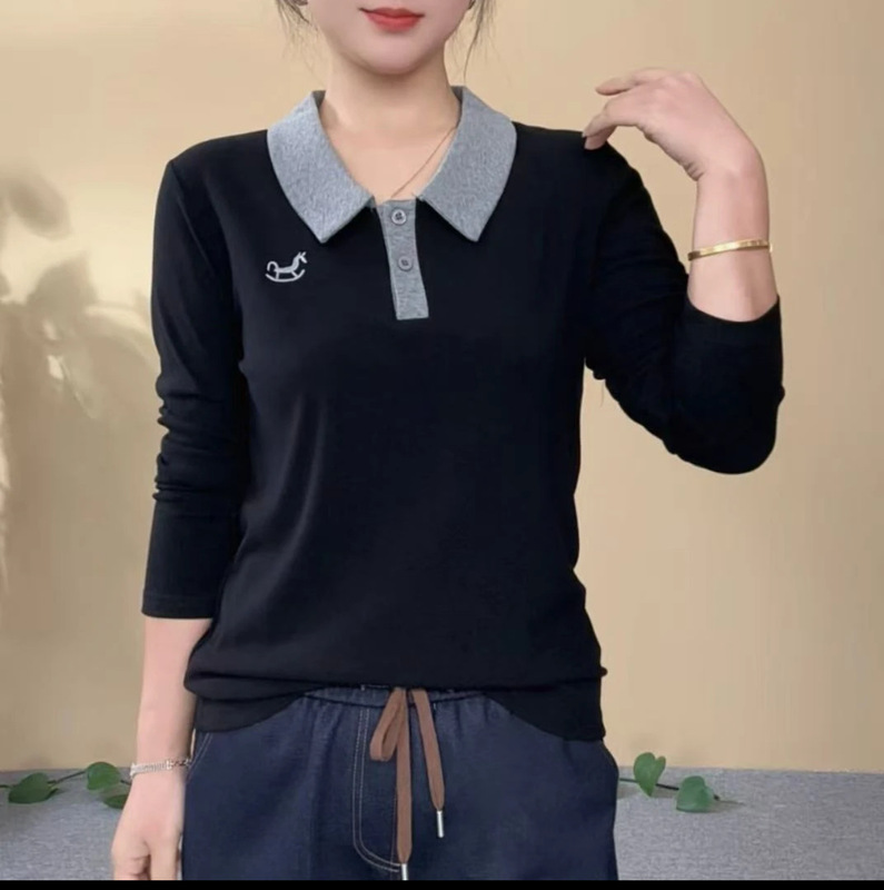 减龄女士翻领长袖t恤女秋2025新款打底衫POLO衫宽松洋气减龄上衣|undefined