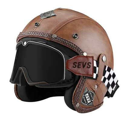 Electric Motorcycle Retro Helmet Men's: Motorcycle Safety Supplies - 555-leather-helmet-dark-brown-large-frame-goggles-black-mirror-s