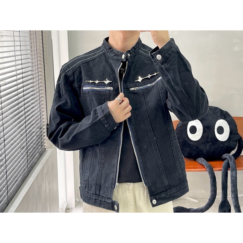 Streetwear-Jeansjacke mit lässigem Waschschnitt, coole und robuste Motorradjacke_voghion.com