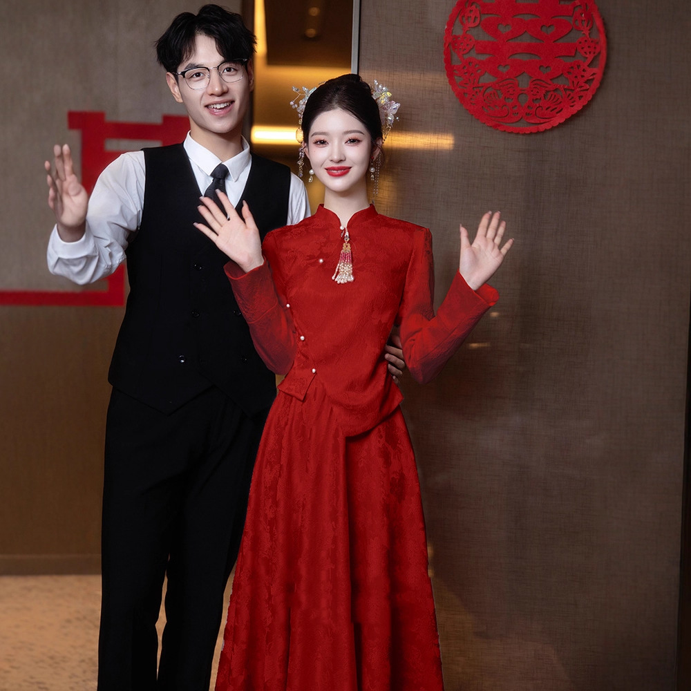 New Chinese-Style Cheongsam, Improved Toast Dress, 2026 New Burgundy Bride Wedding Evening Dress, Engagement Dress for Women