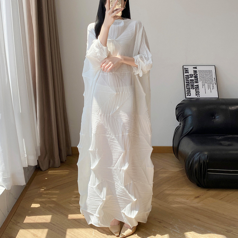 Miyake-Style Pleated Dress for Women, Diamond Long Loose Plus-Size Mom Dress, Three-Dimensional Irregular Pleated Skirt Trendy