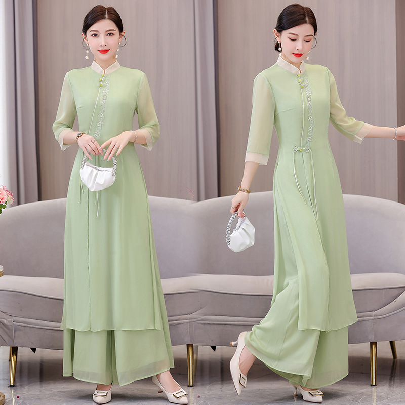 9112 Real Shot Spring and Summer Improved Dress Women's Chinese Style Cheongsam Zen Suit Fairy Style Vintage Hanfu Tea Clothes
