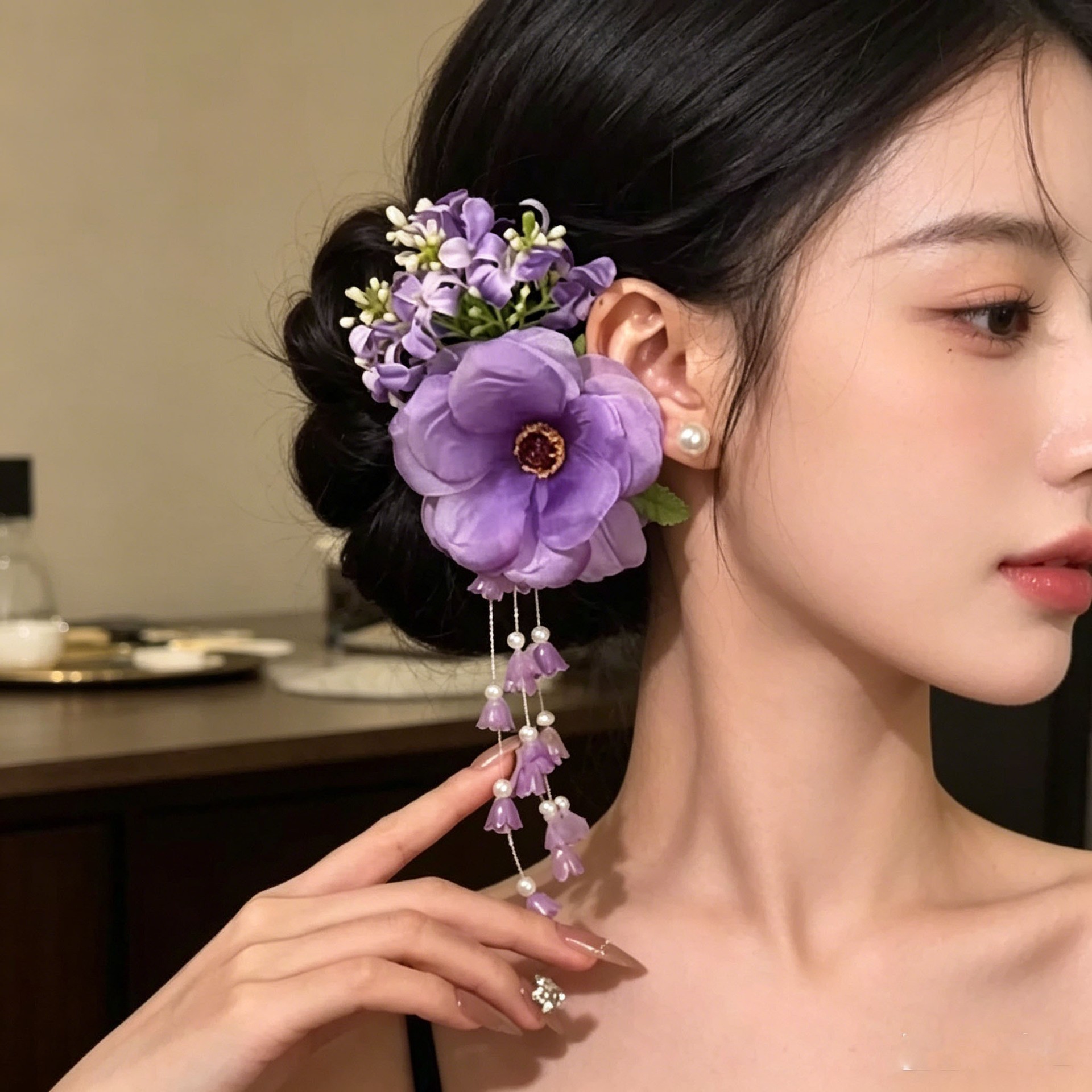 4776 보라색 꽃술 머리핀