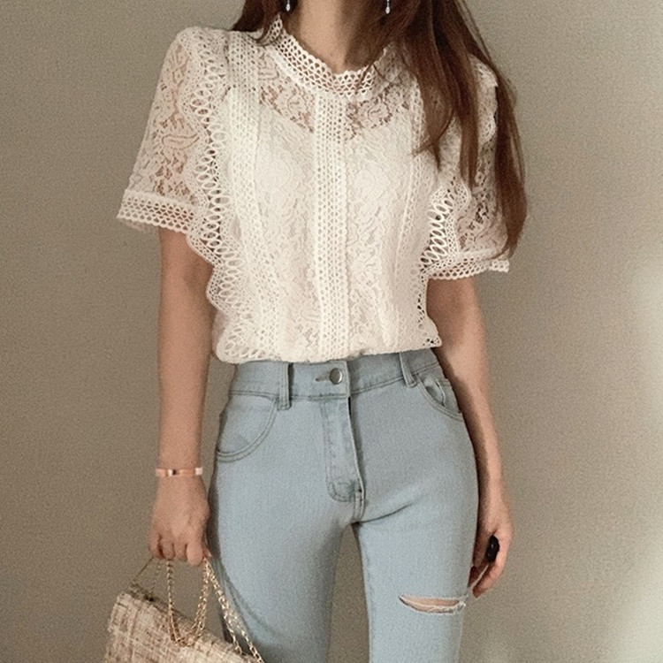 Summer lace solid color comfortable shirt with a round collar