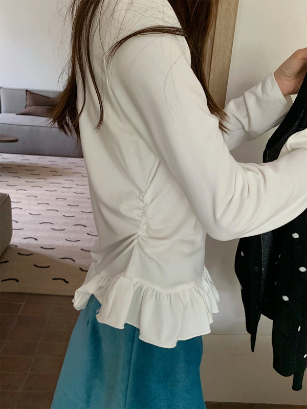 苏奈 简约纯色韩版抽褶长袖花边T恤女宽松百搭打底上衣tableblue|undefined