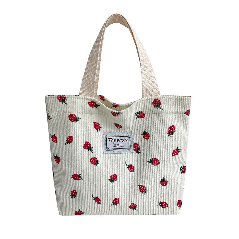 Bolso de mano con estampado de fresa de gran capacidad, pana, estilo coreano, bolso bento de moda, bolso de mujer de viaje para trabajadores de oficina