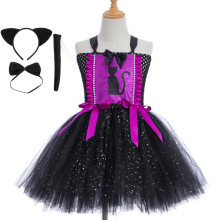 万圣节儿童服cosplay黑色猫咪亮片纱公主裙舞台演出女童连衣裙