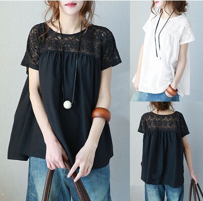 Japanese and Korean HoT STyle 2022 Summer New Large Size Pure Color Lace ShorT-sleeved ShirT Top Spliced T-shirT for Women
