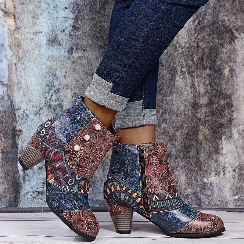 Bottes courtes ShoeVault Cross-Border grandes tailles pour femmes, collection hiver 2021, style ethnique patchwork, bottines Martin à boutons et talons épais._voghion.com