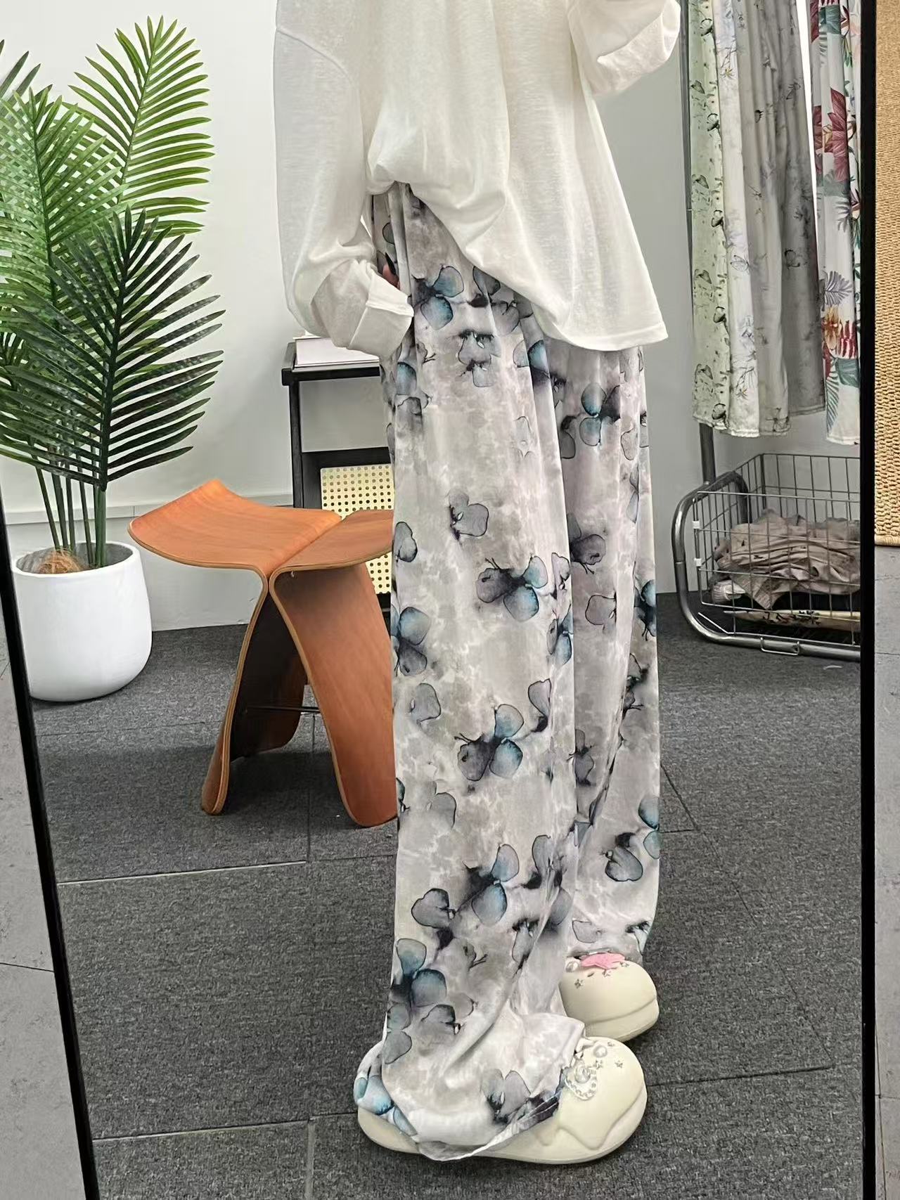 Nuevos pantalones de seda casuales estampados para mujer, pantalones de pierna recta delgados perezosos de verano, pantalones de pierna ancha delgados, pantalones para caminar delgados