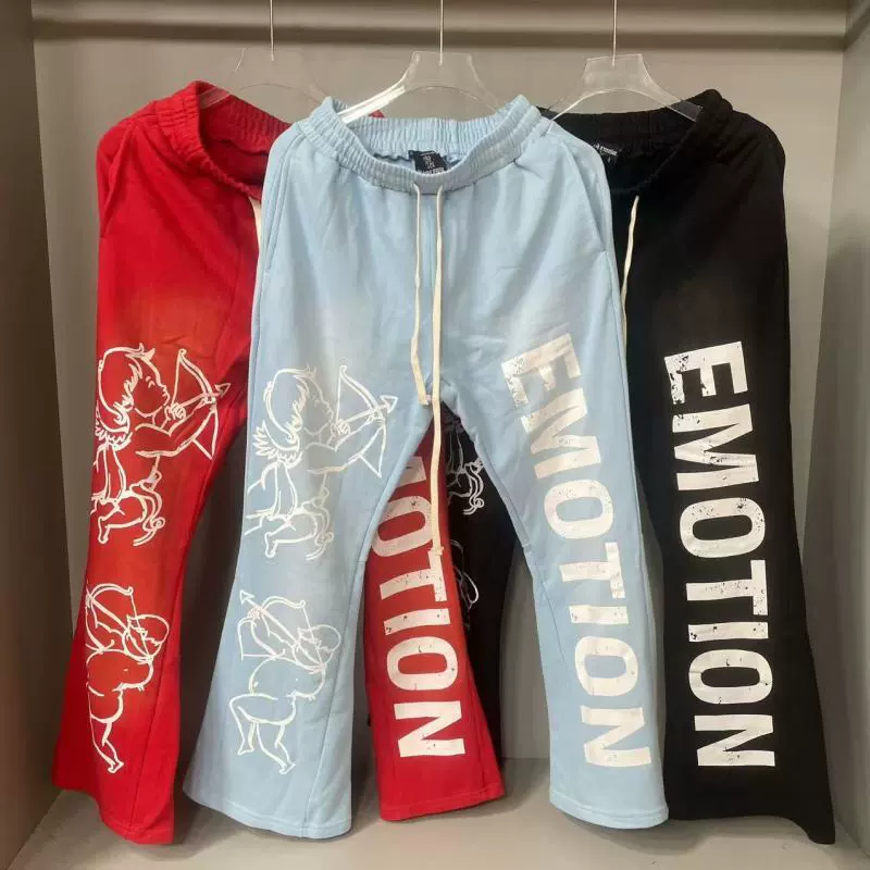 跨境MIXED EMOTION美潮高街天使水洗做旧喇叭宽松休闲长裤男潮