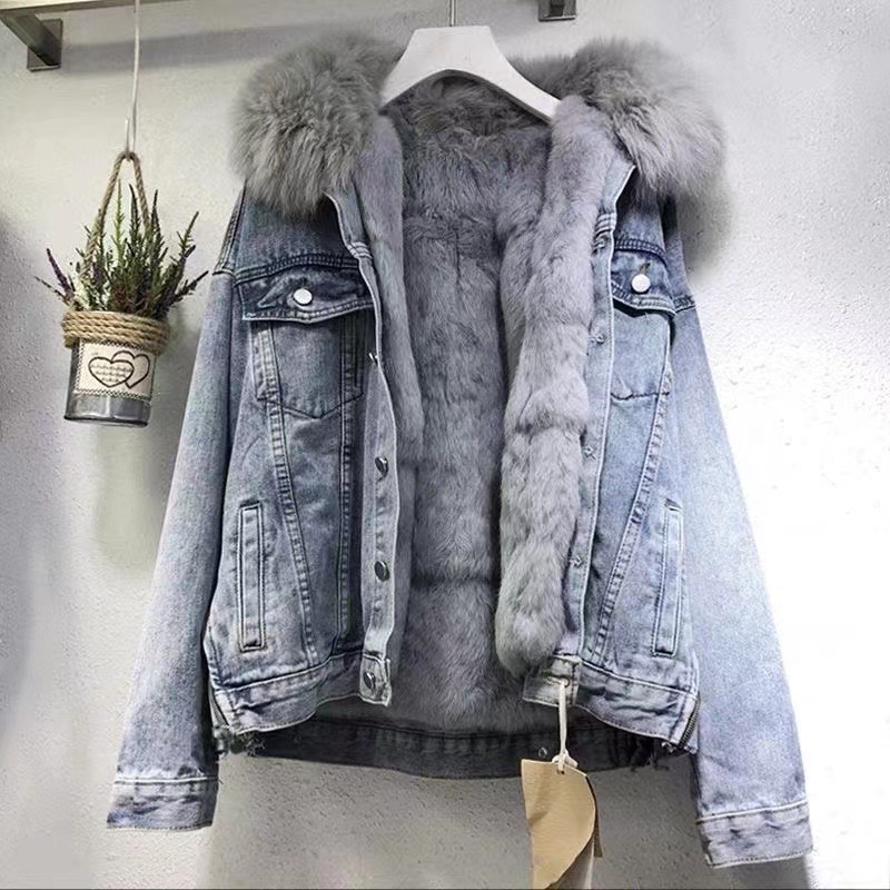 工厂批发跨境棉衣秋冬季加绒加厚棉服宽松韩版牛仔毛领加厚外套女