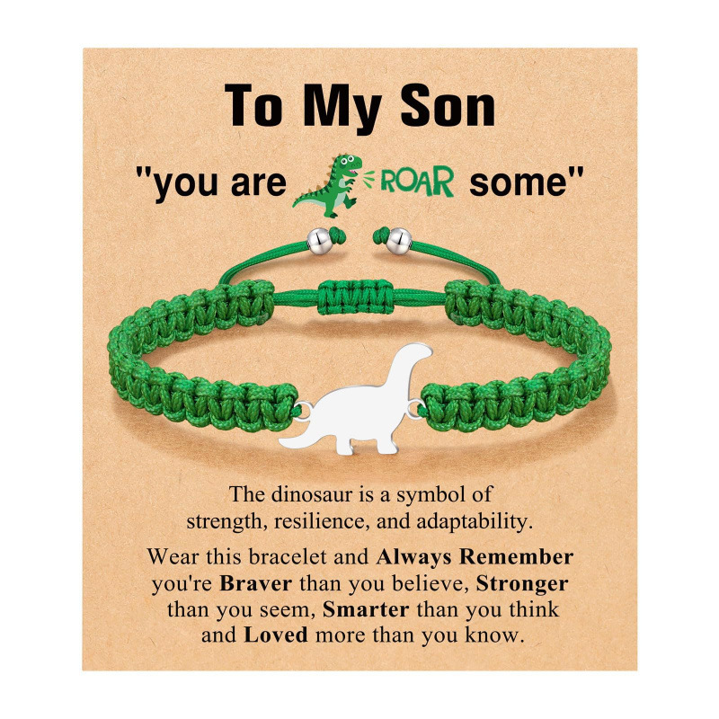 Stainless Steel Dinosaur Bracelet Adjustable Tomyson Black Green Flat Knot Braided Stainless Steel Dinosaur Bracelet