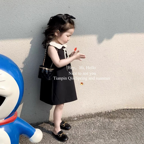 Classic Little Black Dress Girls Dress Summer New Korean Style Sleeveless Baby Doll Collar Tank Top Princess Dress Trendy