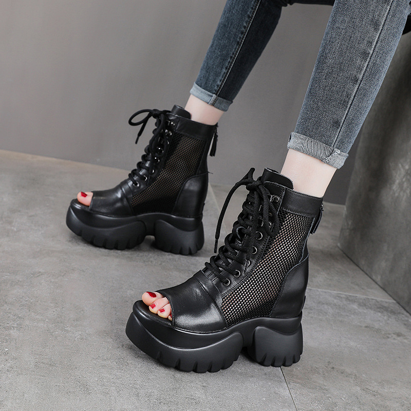 Sandal da bò cao gót 9 cm quai buộc dây hở mũi — màu đen