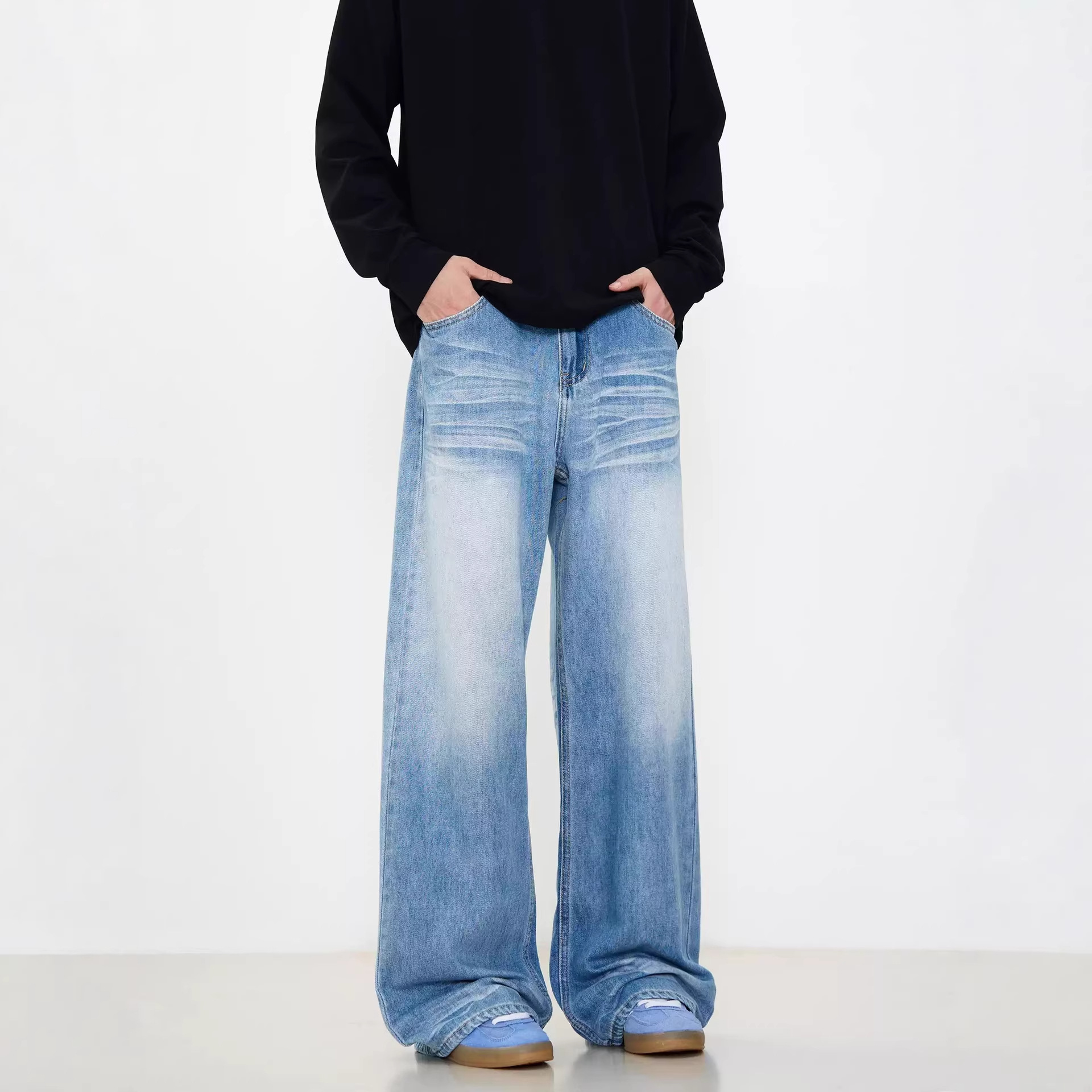Men's Clothing Unisex American Style CleaAfit Distressed Denim Jeans Vintage Washed Floor Length Loose Straight Leg Wide Leg Trousers_mkmklike.com