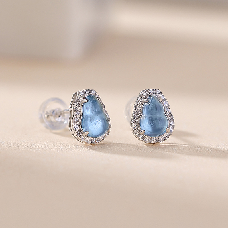Bông tai bạc S925 đính đá aquamarine phong cách Trung Hoa tinh tế — một cặp
